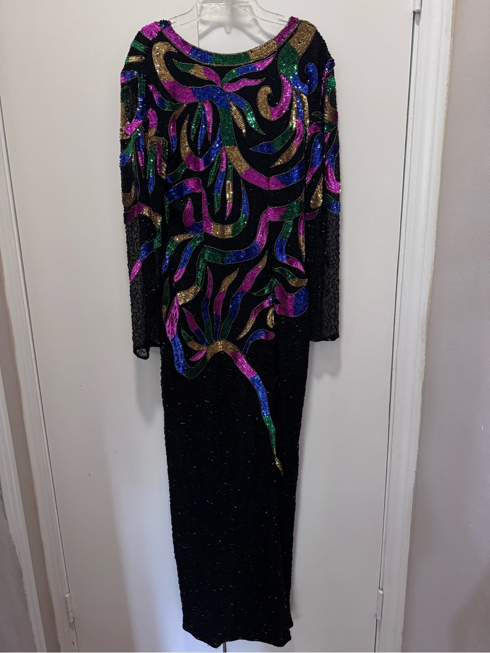 Vintage Black Long-Sleeve Sequin Maxi Dress with Multicolor Swirl Accents